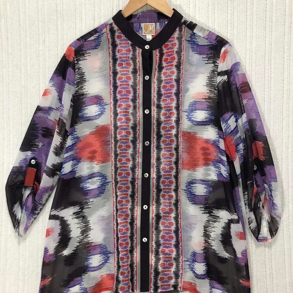 JM‎ Collection Sheer Blouse Abstract Print Button Down 3/4 Sleeve Top L